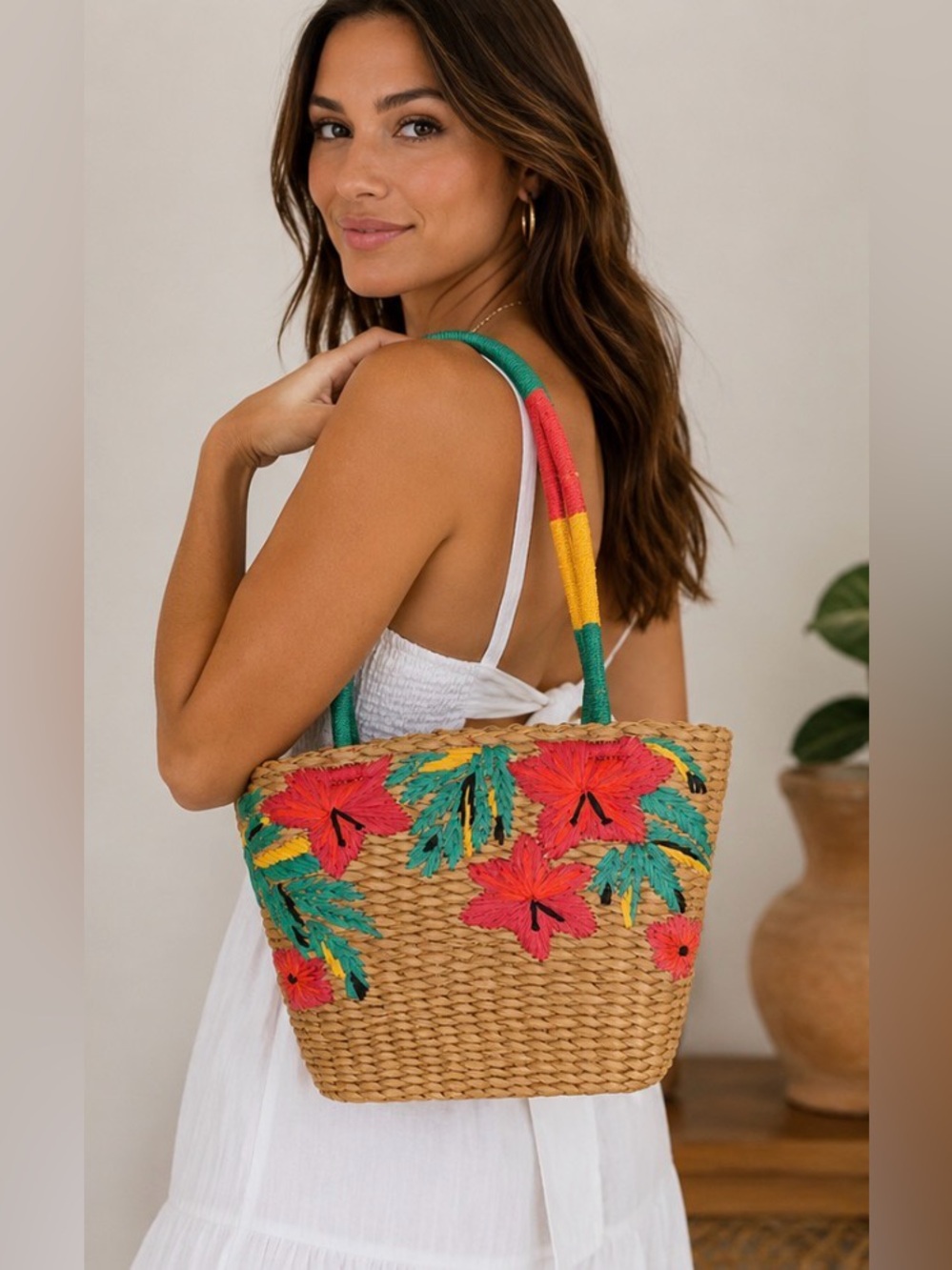 Patricia Nash Florina Specialty Woven Floral Straw Tote Boho Leather Pocket Bag